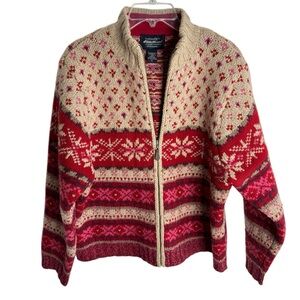 Eddie Bauer Red and Cream Patterned Cardigan